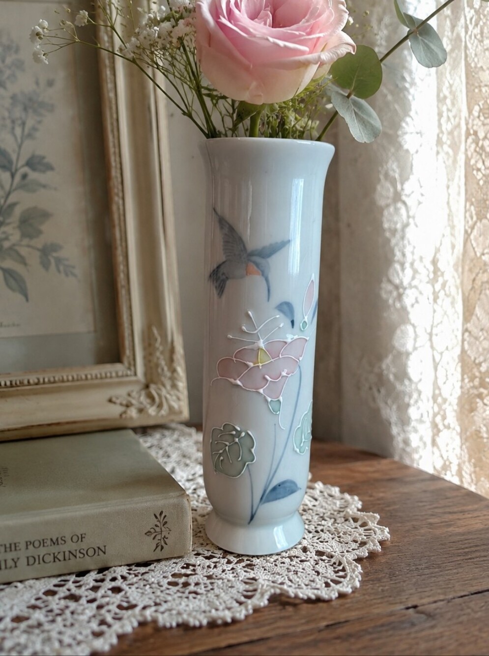 Otagiri Porcelain Hummingbird Floral Bud Vase
